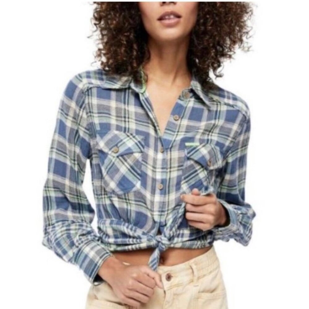 New Free People First Bloom Plaid Chambray Top Button Down + Tie Closure, XS